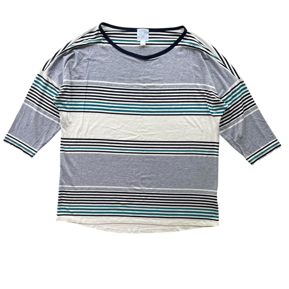 Sunday Women's L Grey Teal White Striped 3/4 Sleeves Jersey Knit Blouse Nautical